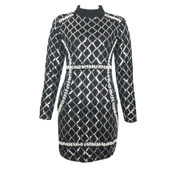 

elegant fahion women dress party club celebrity ladies clothing long sleeve bodycon beading mesh autumn winter dresses 210515, Black;gray