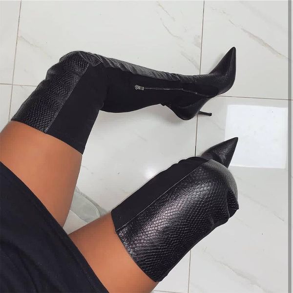 

boots large black leather half zipper pointed high heeled women's