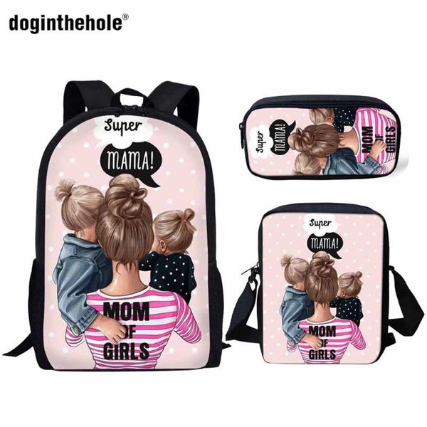 

school bags doginthehole children set for girls super mom pattern kids backpacks 3pcs/set cartoon design teenagers book-bags