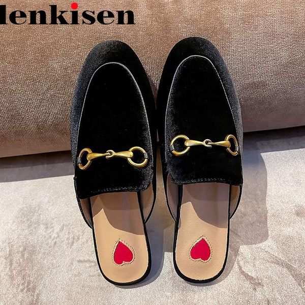 

slippers lenkisen big size luxury genuine leather round toe outside slip on slingback mules brand metal beach women, Black