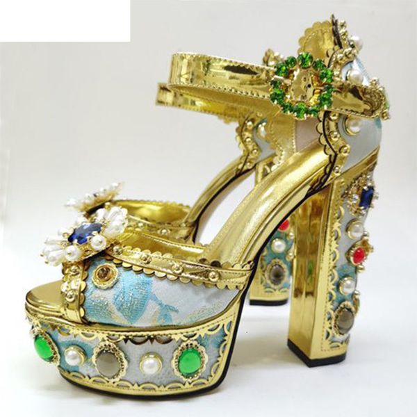 

sandals luxury rhinestone metallic leather chunky super high heel platform peep toe sandalias summer diamond party shoes women cev, Black