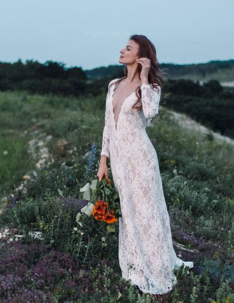 

bohemian beach lace wedding dress boho 2022 long sleeve backless v neck court train bridal gowns, White