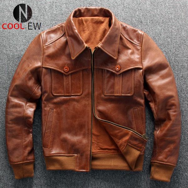 

men's leather & faux vintage genuine cowhide jacket men luxury street slim fit zipper casual outerwear spring autumn business short coa, Black