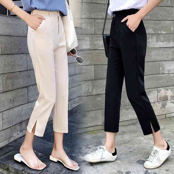 

tingyili korean style summer women suit pants high waist beige black pants with slit elegant ladies girls casual, Black;white
