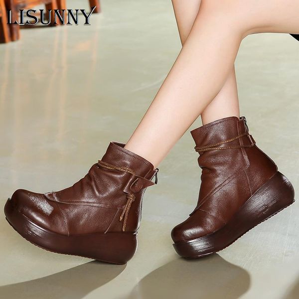 

boots lisunny retro women shoes 2021 spring genuine leather female short cowhide platform wedges with ankle booties, Black