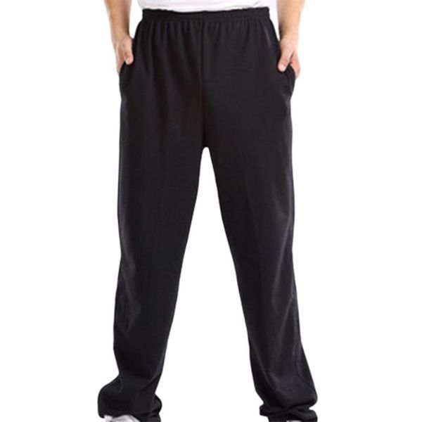 

men solid color elastic waistband pockets sports hip hop loose straight pants men's, Black