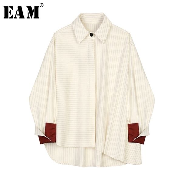 

[eam] women beige striped split big size blouse new lapel long sleeve loose fit shirt fashion tide spring autumn 1s388 210410, White