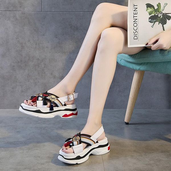 

thick bottom fish mouth rivet women's shoes cowhide leather fringe sandals summer metal decoration national wind, Black