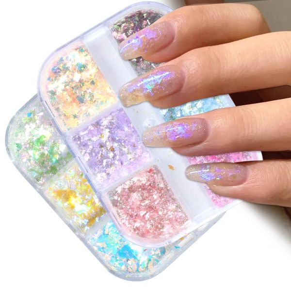 

nail glitter iridescent opal nails flakes sticker aurora glimmer art flakies holographic sequins manicure foils accessories beob, Silver;gold