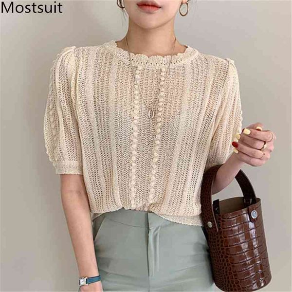 

korean vintage hollow knitted tshirts women short sleeve o-neck solid loose tees pullovers summer thin fashion t-shirt 210518, White