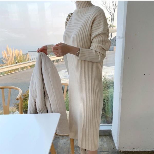 

casual dresses 2021 turtleneck women knitted sweater dress autumn winter long sleeve maxi vestido female vintage fashion pullovers robe, Black;gray
