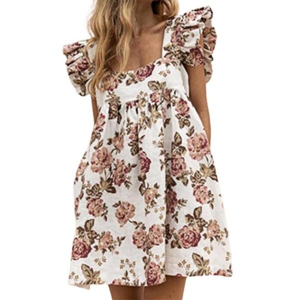 

casual dresses women loose dress summer square collar big hem pocket mini lotus leaf sleeve floral print ladies all-match, Black;gray
