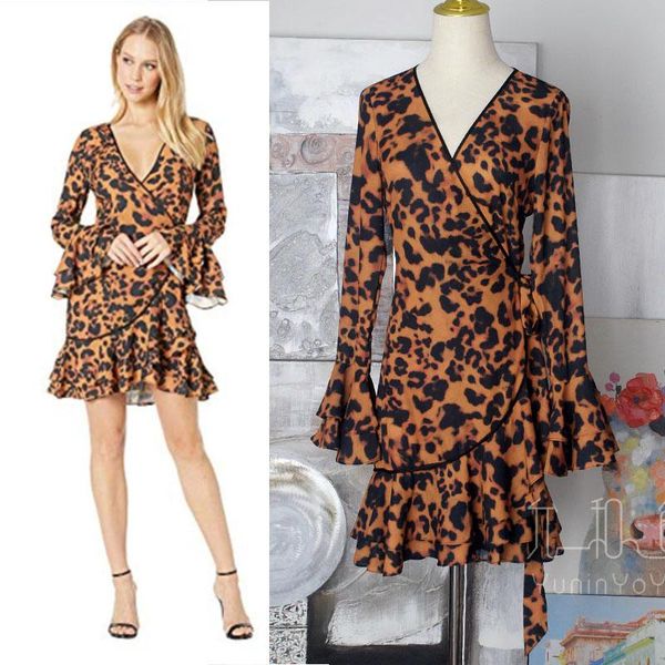 

casual dresses fashionable and personalized leopard pattern ruffle hem with large flared sleeves one piece wrap women's, Black;gray