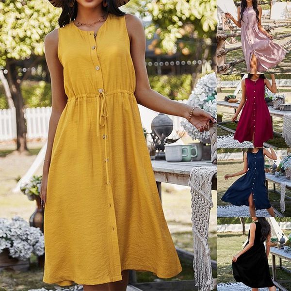 

casual dresses ladies vintage sleeveless summer dress women button slim high waist beach, Black;gray