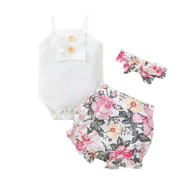 

clothing sets 3m-18mborn infant baby girls clothes ruffle floral ribbed romper shorts outfits set baby's, White