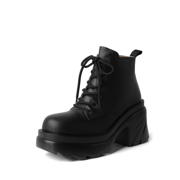 

boots 2021 autumn lace-up color matching outdoor short tube round toe wedge heel daily korean leather high-heel platform shoes, Black
