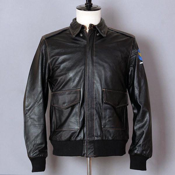 

men's leather & faux force air 2021 flight genuine men cowhide a2 bomber jacket slim fit motorcycle biker real coat, Black