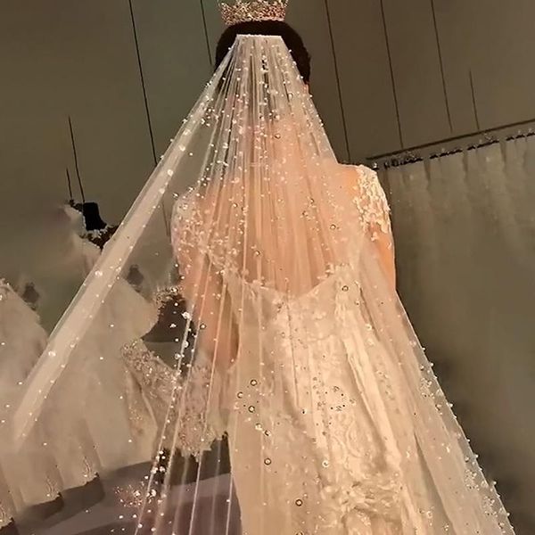 

bridal veils mngrl wedding accessories veil luxury retro headdress long 3m single layer pearl rhinestone, Black