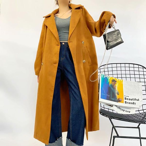 

women's wool & blends women 2021 autumn caramel colour long section jacket overcoat vintage sleeve double breasted female outerwear chi, Black