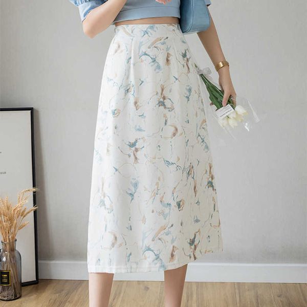 

korean fashion skirts natural waist long woman summer printing mid-calf kawaii women clothing blue for female 210604, Black