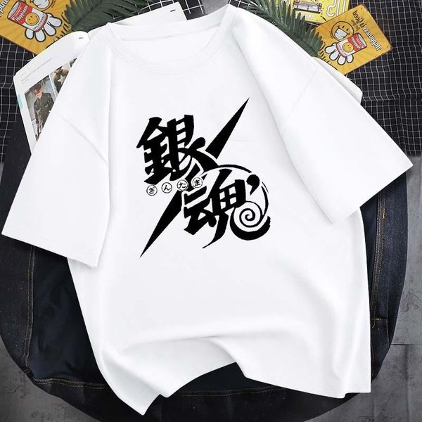 

men's t-shirts 2021 summer gintama white logo anime harajuku t-shirt 14-color 100% cotton round neck short sleeve daily street top, White;black