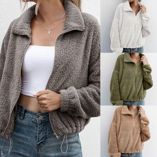 

women short plush jacket simple solid color zipper closure elastic drawstring autumn and winter clothing women's jackets, Black;brown
