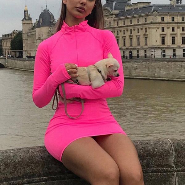 

casual dresses elegant short dress bodycon solid long sleeve turtleneck zipper sheath autumn women mini femme, Black;gray