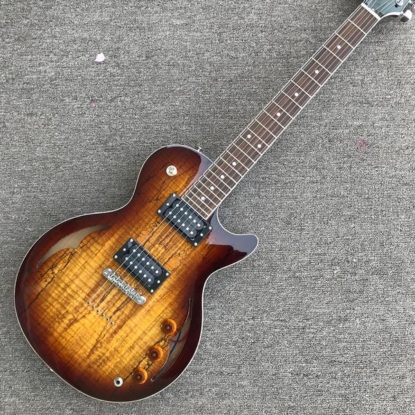 

decaying wood electric guitar, rosewood fingerboard, hollow body electric guitar,
