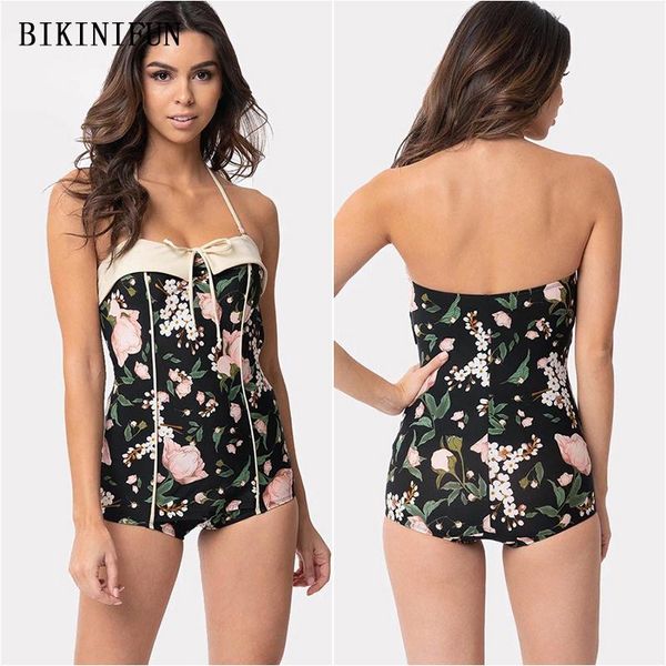 

floral print monokini women backless halter swimsuit flat bottom swimwear s-xl girl drawstring one piece suit one-piece suits
