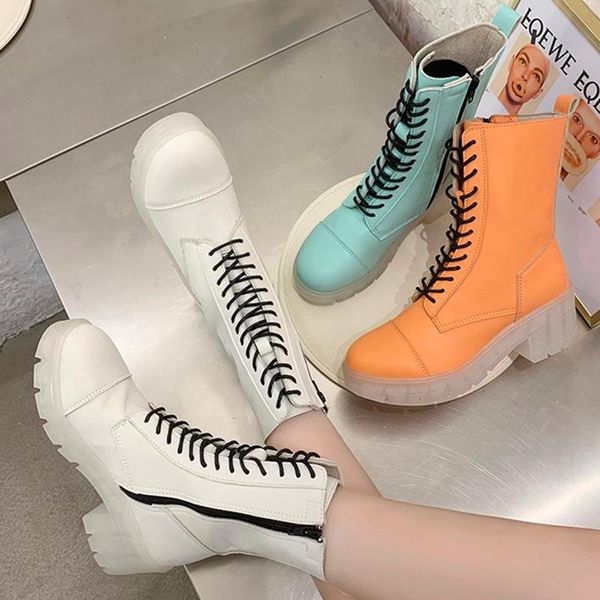 

boots 2021 ins winter women leather candy color ankle green yellow orange thick heels lace up platform shoes, Black