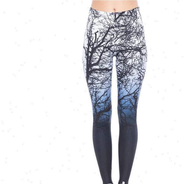 

design trees printing blue womens leggings fitness fashion high waist pants, Black