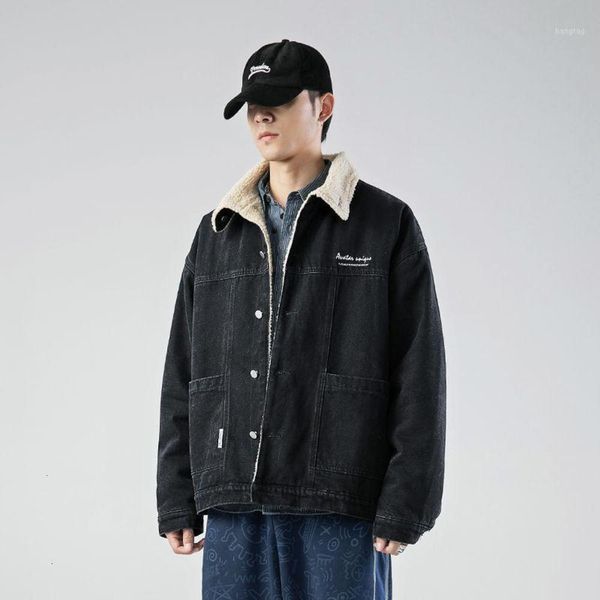 

down & parkas winter men's coat denim jacket embroidered lamb wool simple stand-up collar street shooting loose casual male lapel cloth, Black