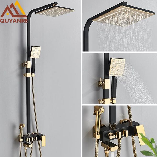 

quyanre black gold bathroom shower faucet rain 4-way brass mixer tap cold water system kit bathtub sets