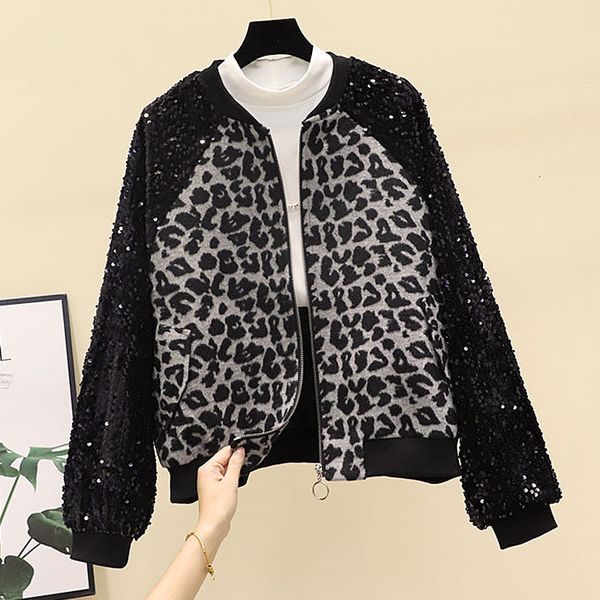 

women's fur & faux spring autumn leopard print baseball coat women sequins spliced fashion loose o-neck zipper short bomber jacket, Black