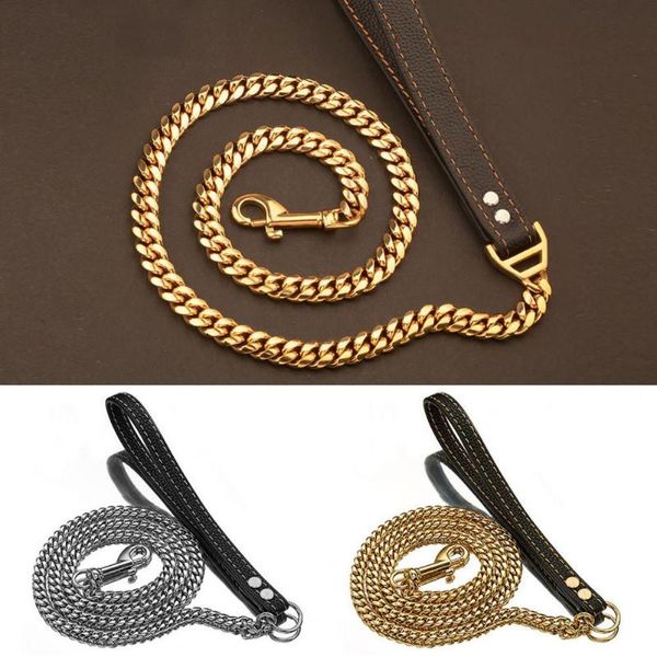 

traction leash faux leather strong metal cuba stainless steel pet chain for dog collars & leashes
