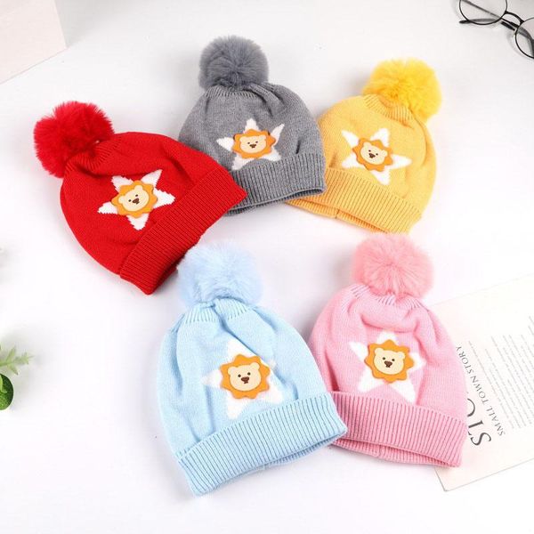 

caps & hats winter born baby hat cartoon star lion printed boy girl infant beanie cap cashmere soft warm big pompom bonnet 0-3m, Yellow