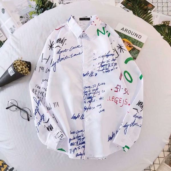 

men's casual shirts early autumn clothing graffiti letter slim korean fashion long sleeve men's shirt t5xf, White;black