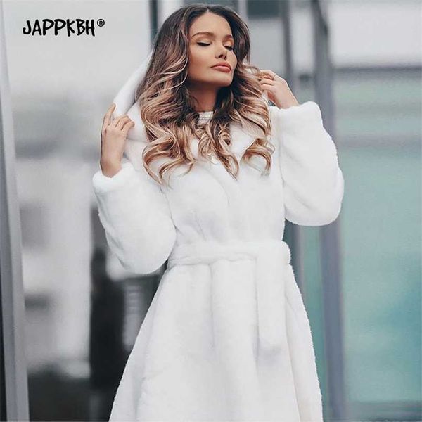 

x-long faux fur hooded coat women autumn winter thick warm jackets female vintage casual plus size slim with belt 211220, Black