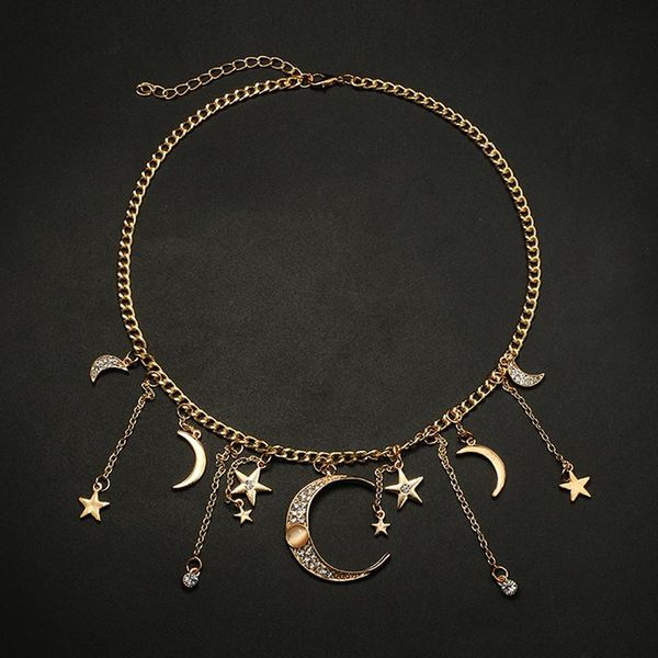 

gold shiny crystal star moon pendant tassel necklace boho fashion choker women jewelry gift necklaces, Silver