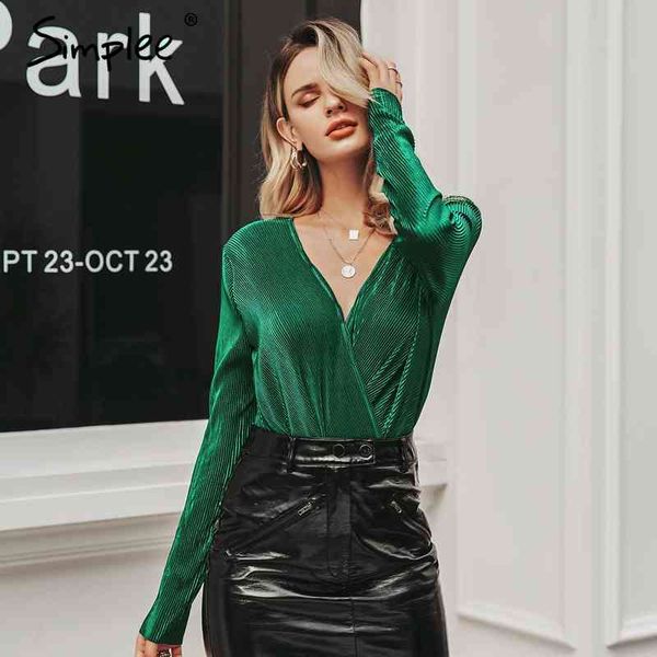 

v-neck pleated women casual solid long sleeve slim jumpsuit autumn winter bodycon bodysuit 210414, Black;white