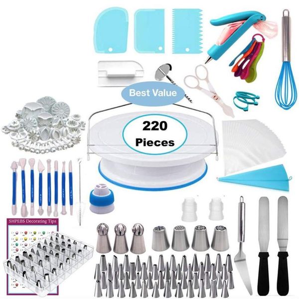 

220pcs diy cake decorating bakery tools kit turntable nozzle set pastry tube fondant tool kitchen dessert baking supplies