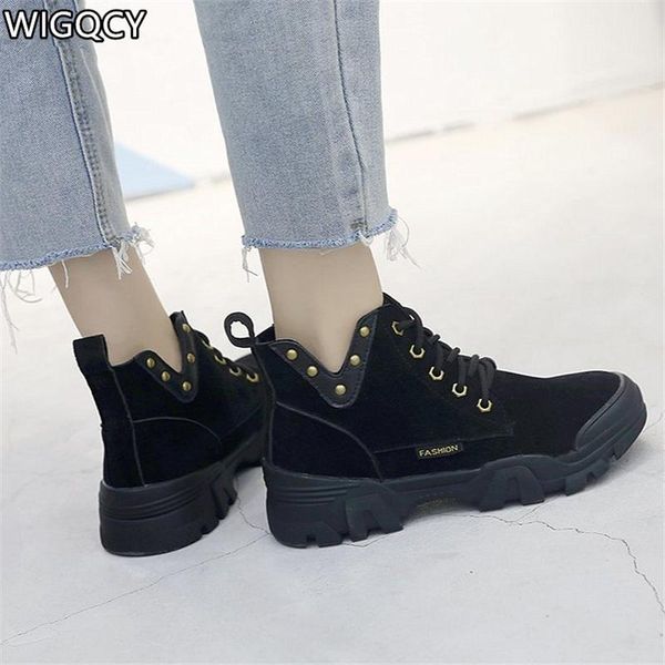 

boots 2021 autumn women's fashion suede leather ankle warm rivets women platform botas mujer d1299, Black