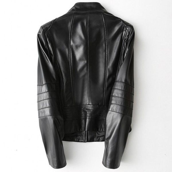 

women's leather & faux designer brand female jacket real slim fit sheepskin outwear jackets pocket zipper ladies coat, Black