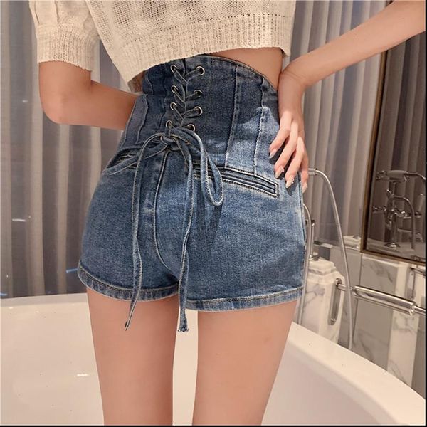 

womens short summer women skinny slim sweet shorts jean girls high waist lace up string back denim trousers, White;black
