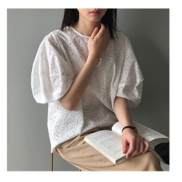 

women's blouses & shirts chic fairy sweet o-neck princess sleeve full hollow out boutique shirt feminine 1ewu, White