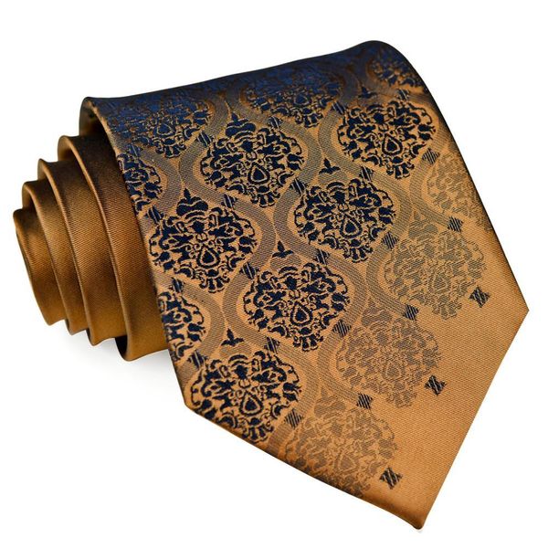 Solido Floreale Marrone Bronzato Blu Navy Oro Cravatte da uomo Set Cravatte Fazzoletto 100% seta Jacquard intrecciato intero