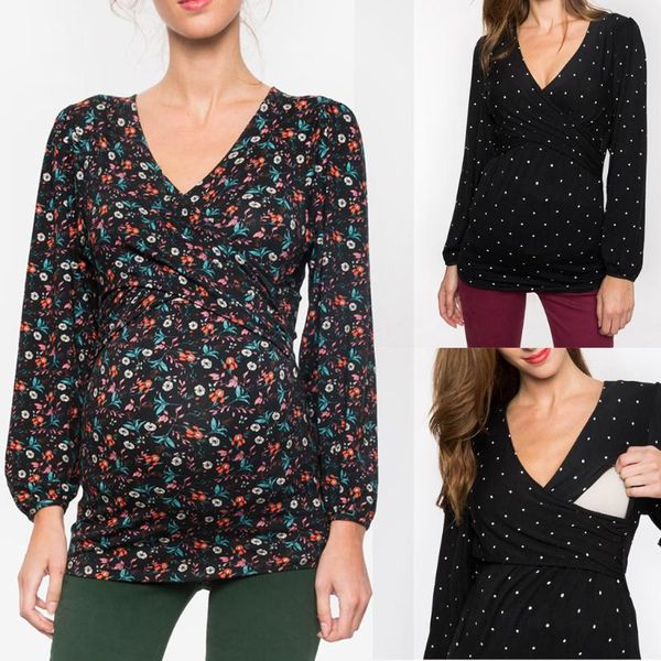

maternity & tees fashion women nursing v-neck blouse long sleeve ruffles printed casual vetement femme enceinte, White