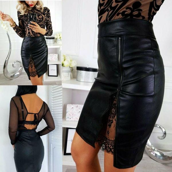 

women high waist skirt bodycon pencil front fork pu leather lace zipper fall office skirts, Black