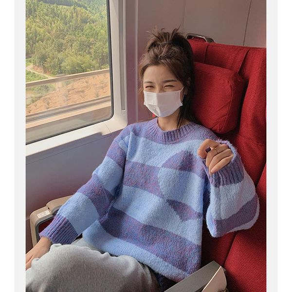 

women's sweaters japanese striped sweater women wear loose lazy wind in spring and autumn 2021 foreign style pullover sweater., White;black