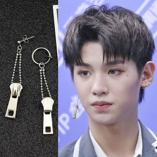 

korea hip hop kpop stud earrings fashion zipper bead chain pendant jewelry for men and women, Golden;silver